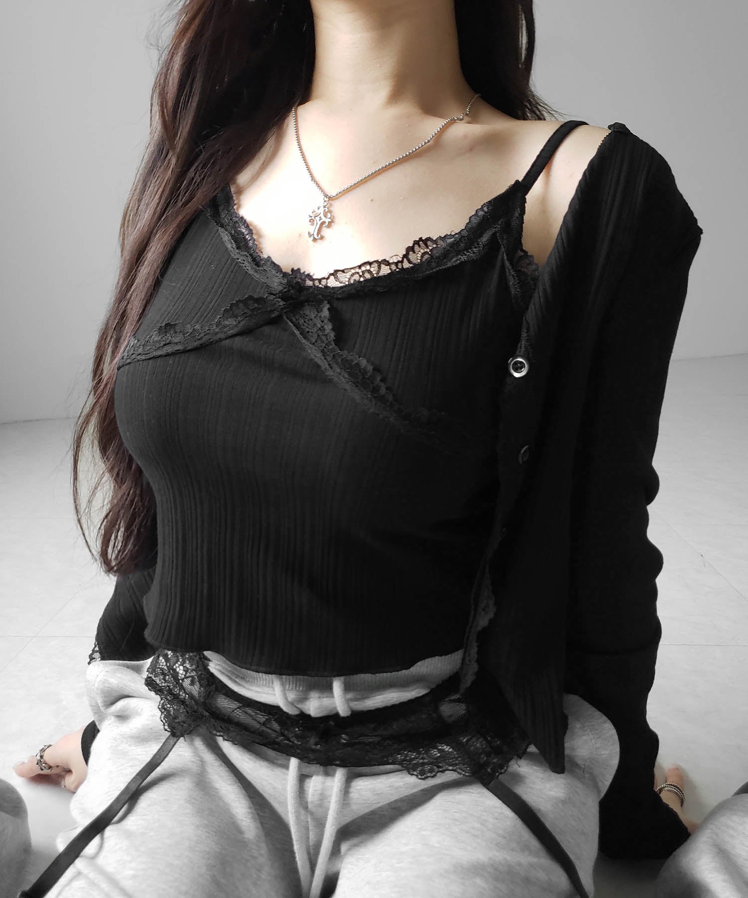【 ２点セット 】レースドッキングリブキャミソール ＋ カーディガンセット ／ lace docking lib camisole + cardigan SET