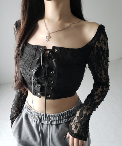 【 ２color 】レースアップコルセットリボンショートレーストップス ／ laceup corset ribbon short lace tops