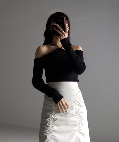 【 ２color 】クロスストラップオフショルダーリブニット