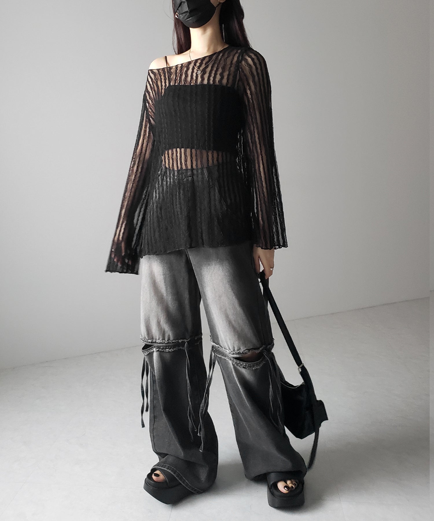 【 ２WAY 】ワンショルワイドスリーブルーズシアートップス ／ one shoulder wide sleeve loose sheer tops