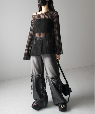 【 ２WAY 】ワンショルワイドスリーブルーズシアートップス ／ one shoulder wide sleeve loose sheer tops