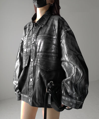 【 ２color 】メタリックハクプリントビッグシルエットボーイフレンドウォッシュデニムジャケット
