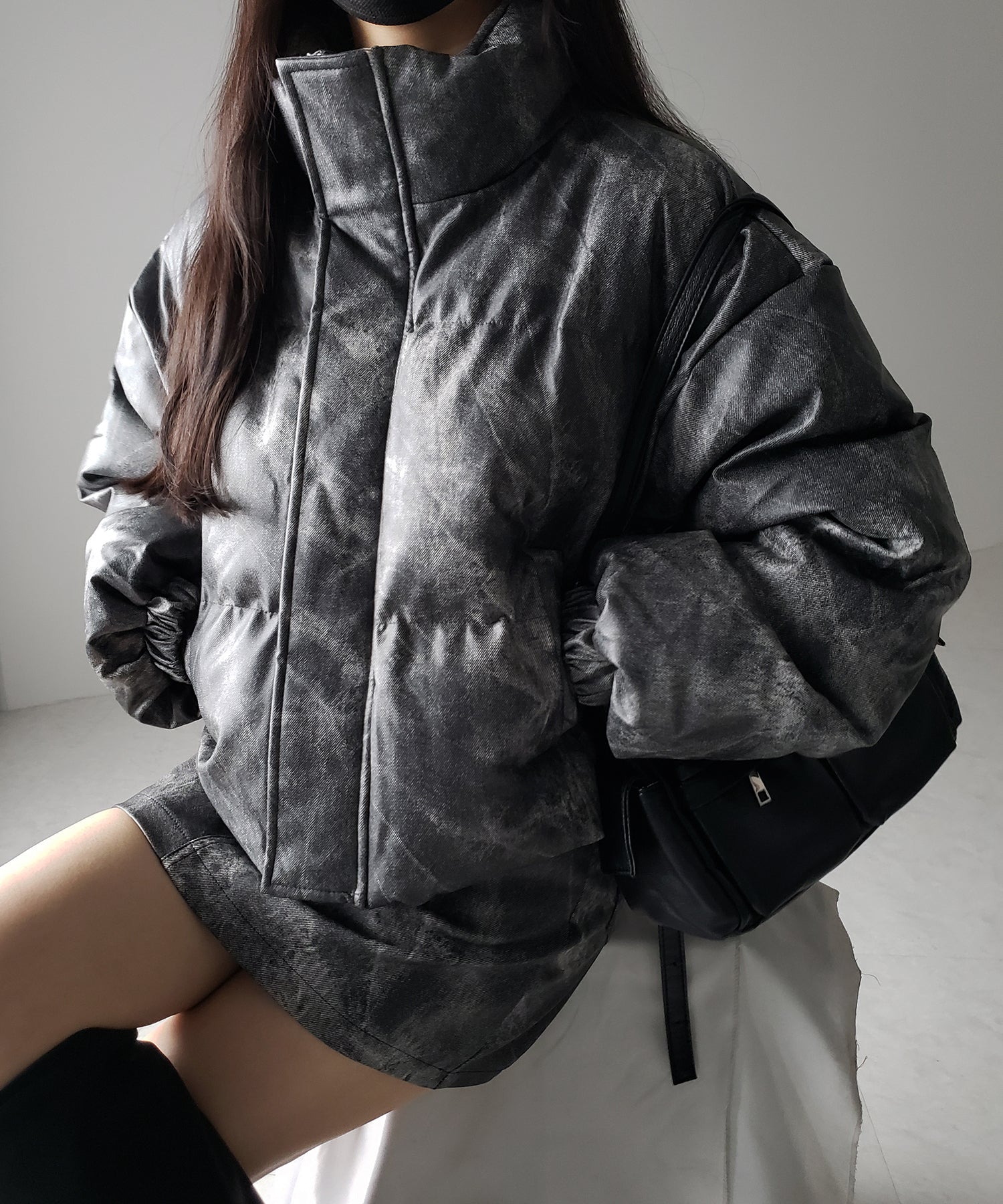 【 セットアップ着用可能 】ヴィンテージライクフェイクレザーショートダウンジャケット ／ vintage like fake leather short down jacket