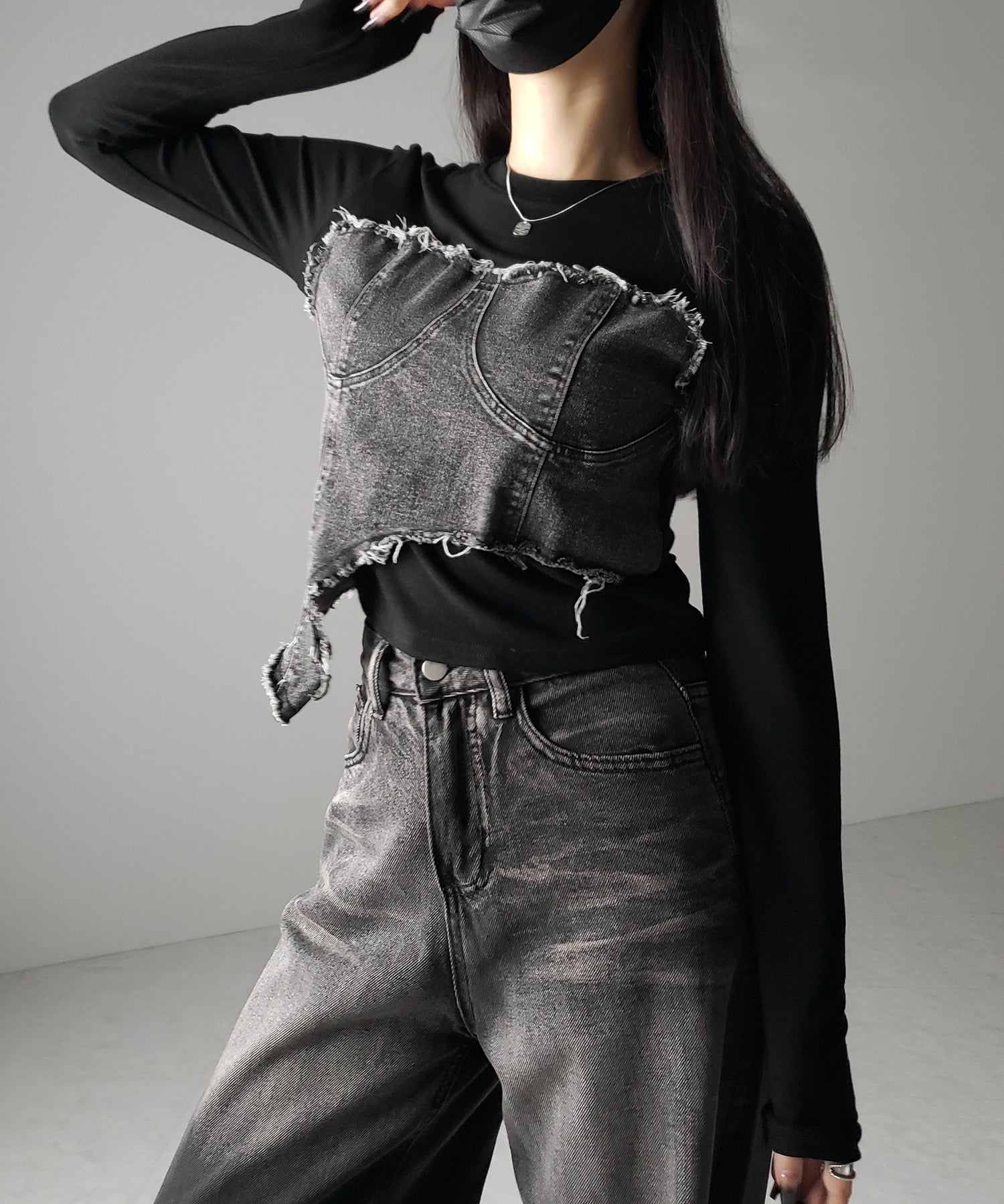 【 ２color 】ダメージデニムビスチェドッキングＴシャツ ／ damage denim bustier docking Tee