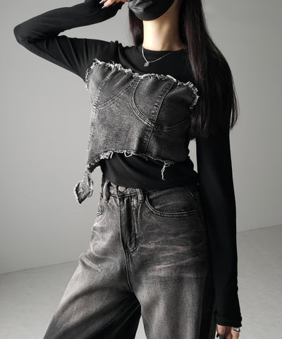 【 ２color 】ダメージデニムビスチェドッキングＴシャツ ／ damage denim bustier docking Tee