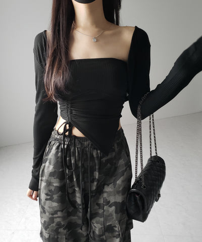 【 ２点セット 】シャーリングリボンベアトップス ＆ ショートカーディガン SET ／ shirring ribbon bare tops & short cardigan SET