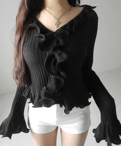 シアーフリル長袖リブニットカーディガン ／ sheer frill long-sleeve ribbed knit cardigan