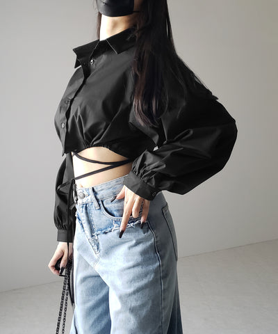 【 ２color 】クロスストラップリボンショートシャツ ／ cross strap ribbon short shirts