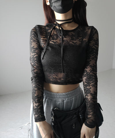 【 ２color 】ストラップリボンショートレーストップス ／ strap ribbon short lace tops