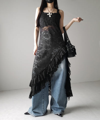 【 ２color 】アシンメトリーフリルレイヤードレースキャミワンピース ／ asymmetry frill layered lace cami onepiece