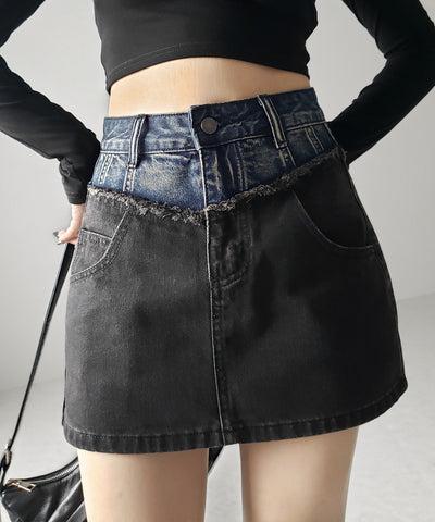 【 ３size ／ ２color 】ダメージドッキングヴィンテージデニムミニスカート ／damage docking vintage denim mini skirt