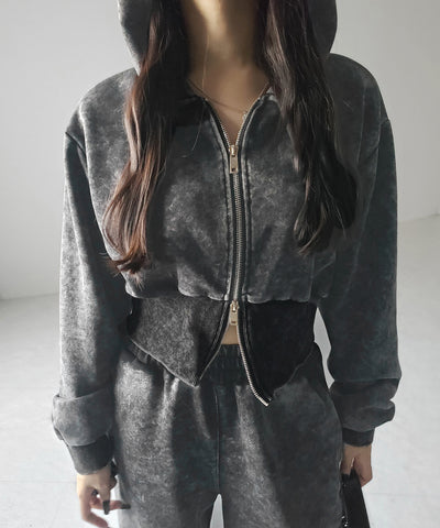 【 セットアップ 】ピグメントヴィンテージショートパーカー ＋ ワイドパンツ SET ／ pigment vintage short hoodie + wide pants SET