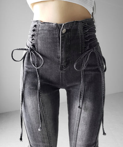 サイドレースアップリボン美脚ストレッチフレアデニム ／ side laceup ribbon slim leg stretch flare denim