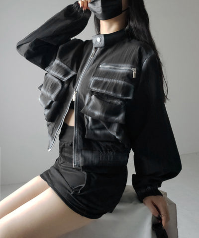 【 ２color 】スプレー加工ダブルジップアウトポケットショートブルゾン ／ spray double zip out pocket short blouson