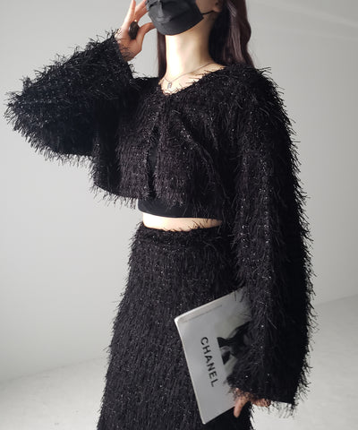 【 セットアップ可能 】シャギーフリンジショートカーディガン ／shaggy fringe short cardigan