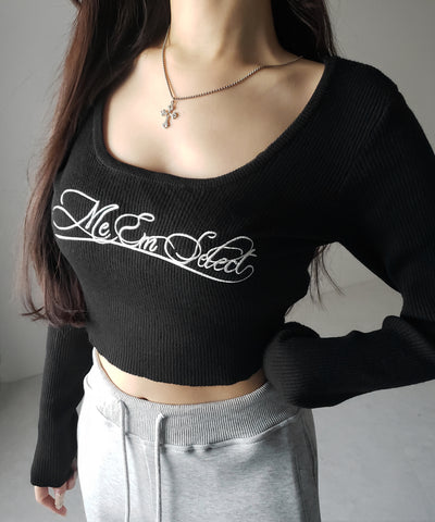 レタリングロゴ刺繍スクエアネックショートリブニットトップス ／ lettering logo embroidery square neck short rib knit tops