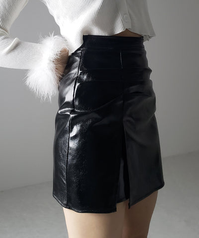 【 ３color ／４size 】３タックメタリックスリットハイウエストタイトミニスカート ／ three tuck metallic slit highwaist tight mini skirt