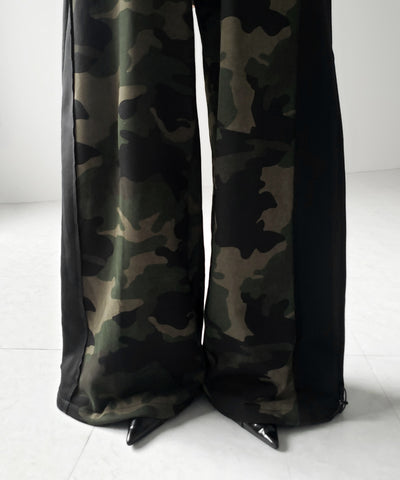 【 裾絞り可能２WAY 】カモフラドッキングミリタリーワイドスウェットパンツ ／ camouflage docking military wide sweat pants