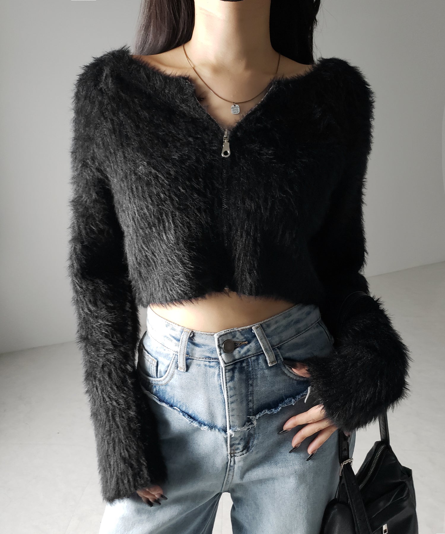 【 ３color 】フロントジップショートシャギーニットカーディガン ／ front zip short shaggy knit cardigan