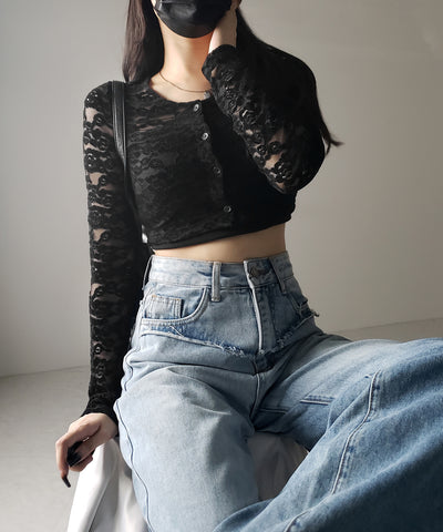 【 ２color 】ベロアレースショートカーディガン ／ velour lace short cardigan