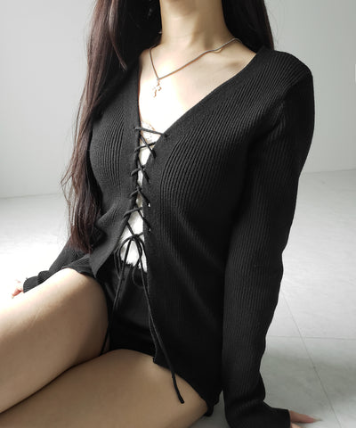 【 ３color 】レースアップリボンリブニットカーディガン ／ lace up ribbon rib knit cardigan