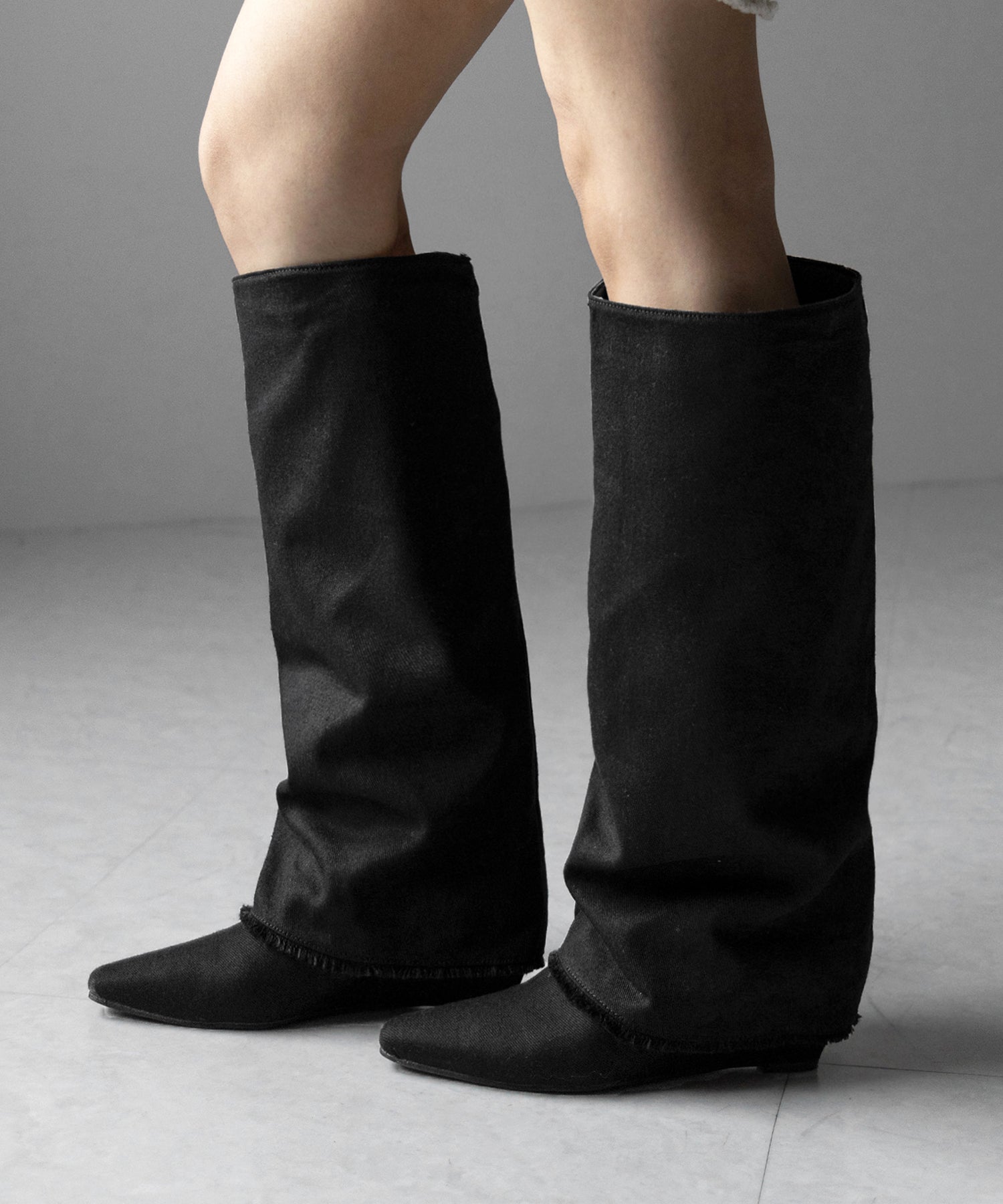 【 ２color 】フリンジデニムカバーロングブーツ ／ fringe denim covered long boots