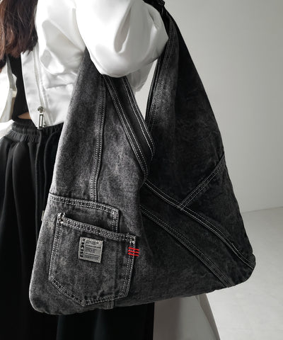 【 ２color 】リメイクウォッシュトライアングルデニムショルダーバッグ ／ remade wash triangle denim shoulder bag