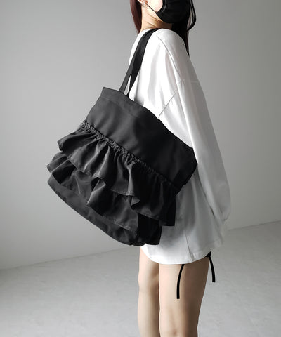 【 ２color 】ティアードフリルBIGキャンバストートバッグ ／ tiered frill big canvas tote bag