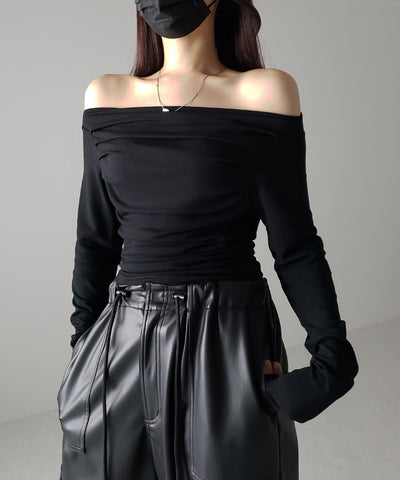 【 ３color 】タックデザインドレープオフショルダートップス
