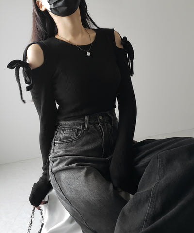 【 ３color 】カットアウトショルダーリボンリブトップス ／ Cut-out shoulder ribbon rib tops