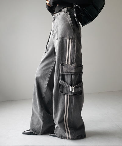 【 ２color ／ ４size 】サイドラインストレートカーゴデニムパンツ ／ sideline straight cargo denim pants
