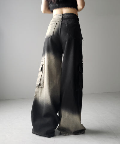 【 ２color ／４size 】ブロッキングバイカラーオーバーダイワイドデニム ／ blocking bicolor overdye wide denim