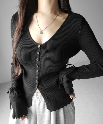 フレアリボンスリーブ透かし編みニットカーディガン ／ flare ribbon sleeve openwork knit cardigan