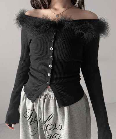 フェザーファー襟オフショルリブニットトップス ／feather fur collar off shoulder rib knit tops