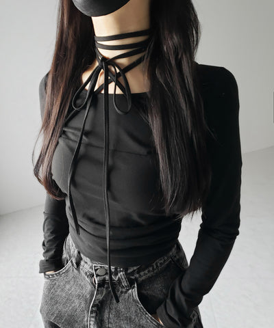 【 ３color 】クロスストラップロングチョーカーリボントップス ／ cross strap long choker ribbon tops