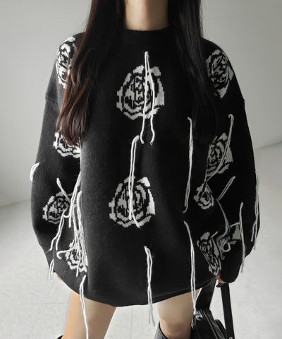 バラジャガードフリンジビッグシルエットニット ／ rose jacquard fringe big silhouette knit