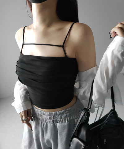 【 カップ付き／２WAY 】ラインストラップタックショートキャミソール ／ line strap tuck short camisole