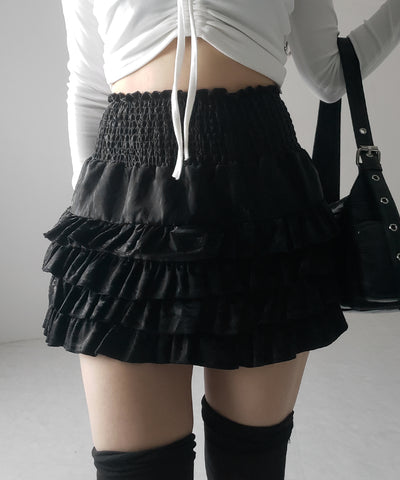 【 ３color ／インナーパンツ裏地付 】ハイウエストシャーリングフリルミニスカート ／ high waist shirring frill mini skirt