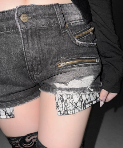 レースポケットダメージデニムマイクロショートパンツ／ lace pocket damage denim micro short pants