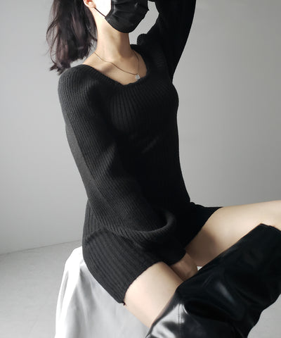 【 ２color 】スクエアネックリブニットミニワンピース ／ square neck rib knit mini one piece