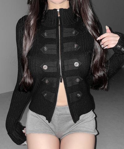 ナポレオンジップアップスリムリブニットカーディガン ／ Napoleon zipup slim rib knit cardigan