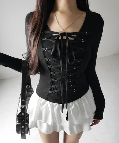 【 ３WAY ／２color 】レースアップコルセットリボンチョーカートップス ／ lace up corset ribbon choker tops