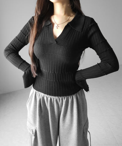 スキッパーネックスリムリブニットトップス ／ skipper neck slim rib knit tops