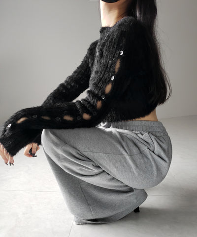 【 ３color 】カットアウトスリットスリーブショートシャギーニット ／ cutout slit sleeve short shaggy knit