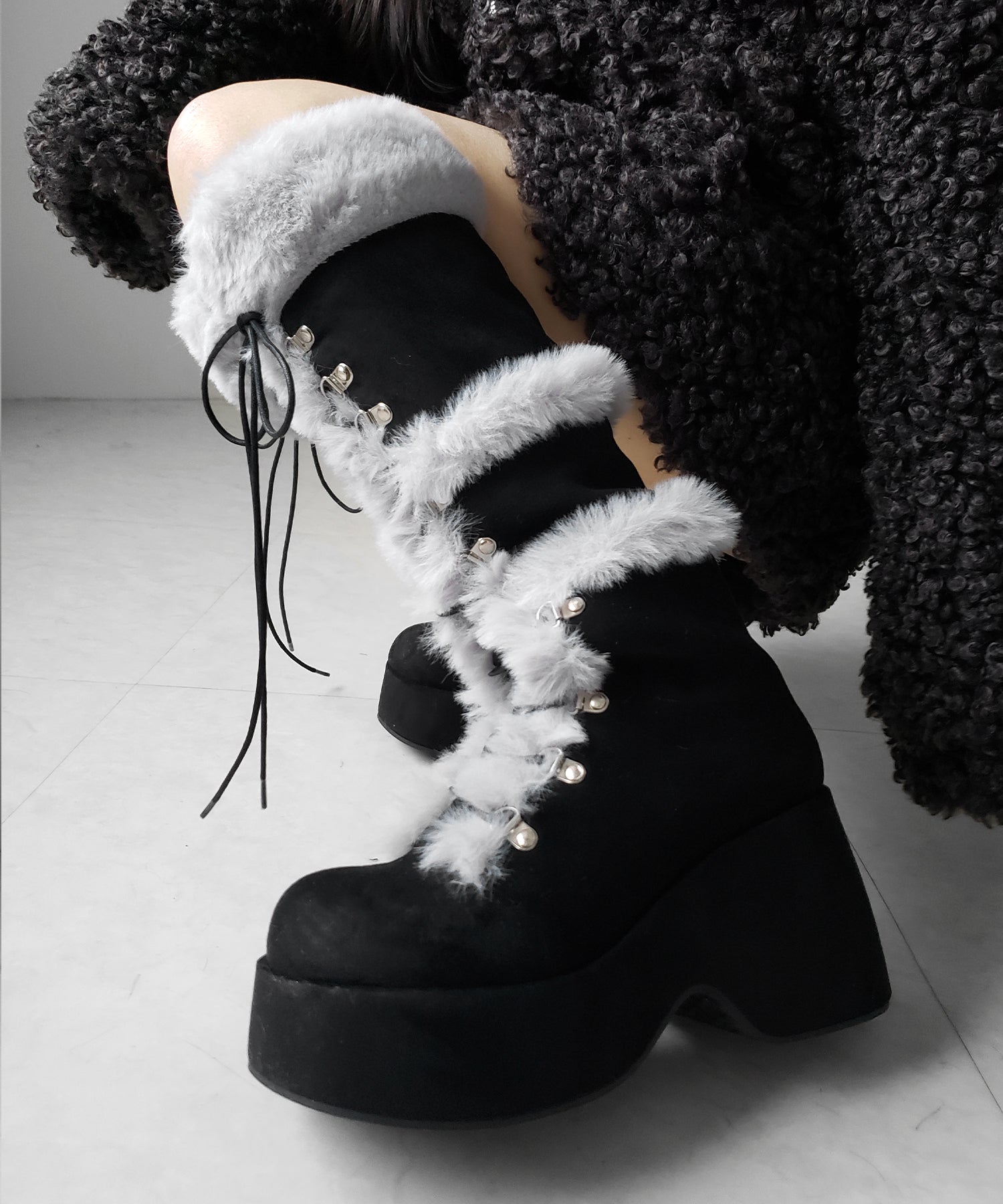 厚底レースアップムートンロングブーツ ／ platform laceup mouton long boots