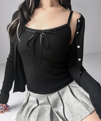 【 ２点セット 】リボンリブニットキャミソール ＋ カーディガンセット / ribbon rib knit camisole + cardigan set