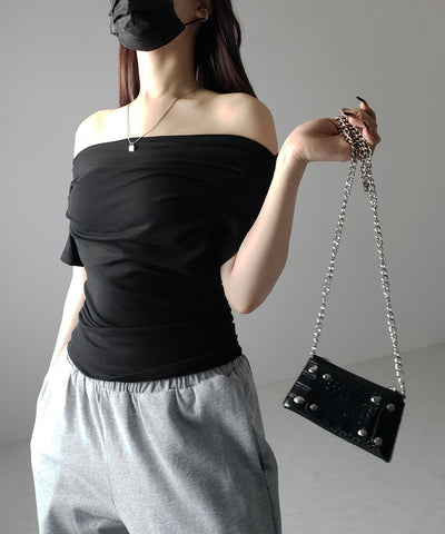 【 ３color 】半袖タックデザインドレープオフショルダートップス