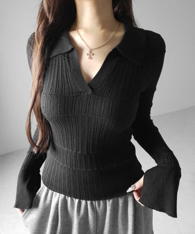 スキッパーネックスリムリブニットトップス ／ skipper neck slim rib knit tops
