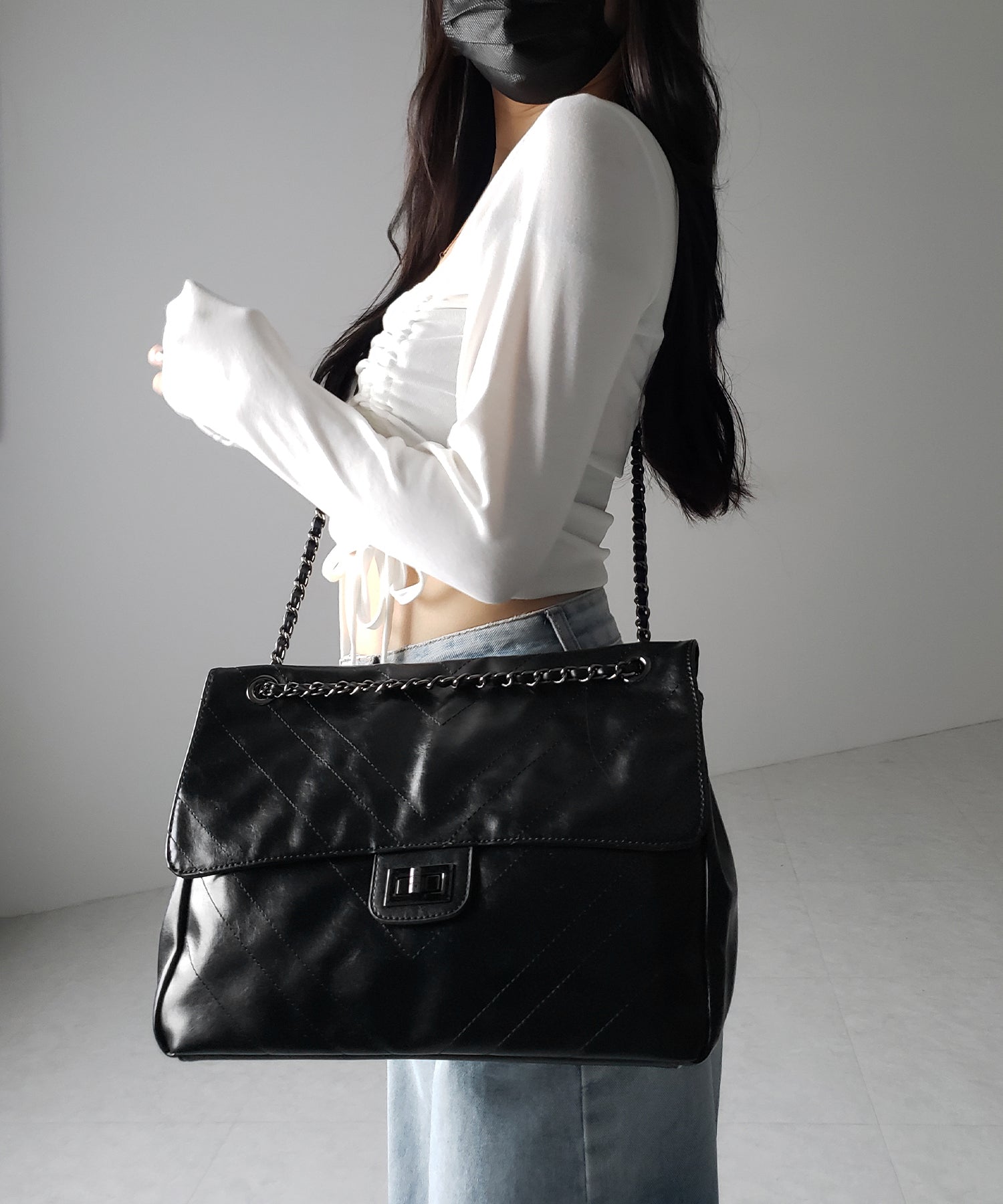 【 ３color 】２WAY チェーンフェイクレザーフラップショルダーバッグ ／ 2WAY chain fake leather flap shoulder bag