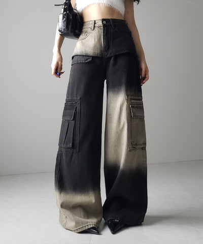 【 ２color ／４size 】ブロッキングバイカラーオーバーダイワイドデニム ／ blocking bicolor overdye wide denim